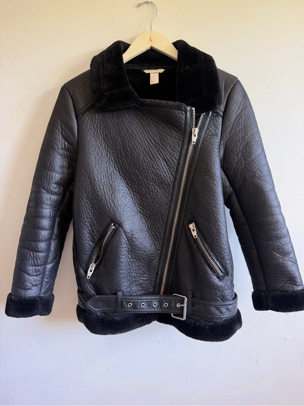 Womens Black Faux-Shearling Biker Jacket size 8